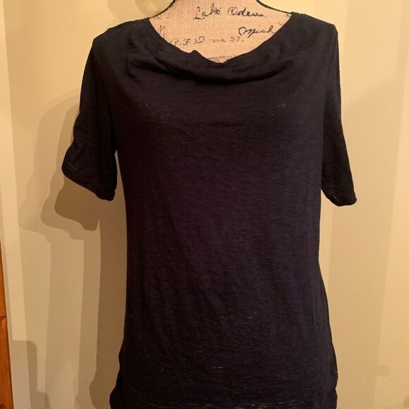 DKNY Burnout black T-shirt rouched sleeve Large - Picture 1 of 6